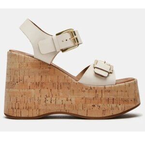 SM White Cork Platform Wedge Sandals with Buckle